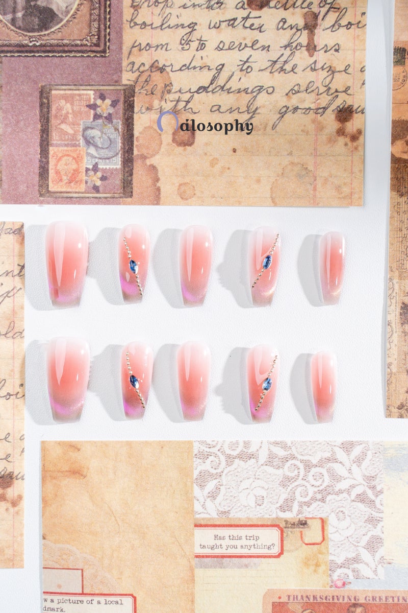 Nailosophy Handmade Gel Press-on Nails Twilight Pink & Purple Cat-Eye with Chain | Coffin Shape - Image 2
